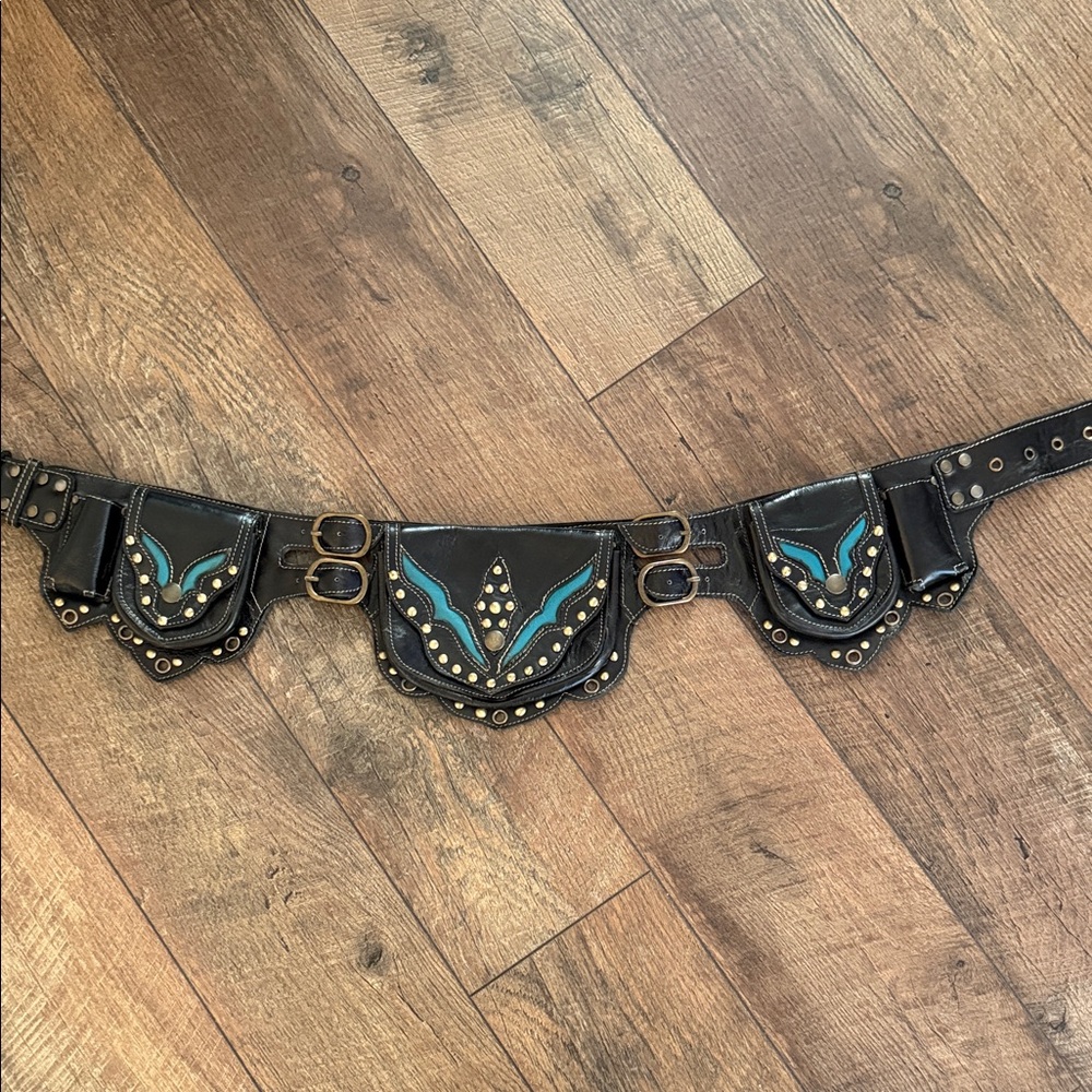Nayture’s Empire Elegant Black and Teal Leather Belt/ Fannypack w/Stud Details